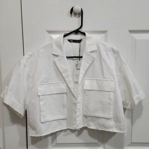 Zara Cropped White Short Sleeve Button Down Size XS - NWT